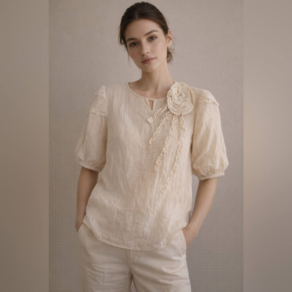 Cream sheer Rosette Blouse M Romantic Boho Cottagecore Castlecore Fairycore